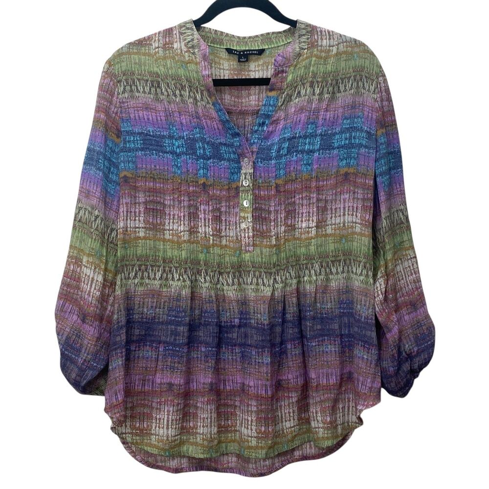Zac & Rachel Shirt Womens Large Multicolor Boho Henley Roll Tab Sleeve Tunic